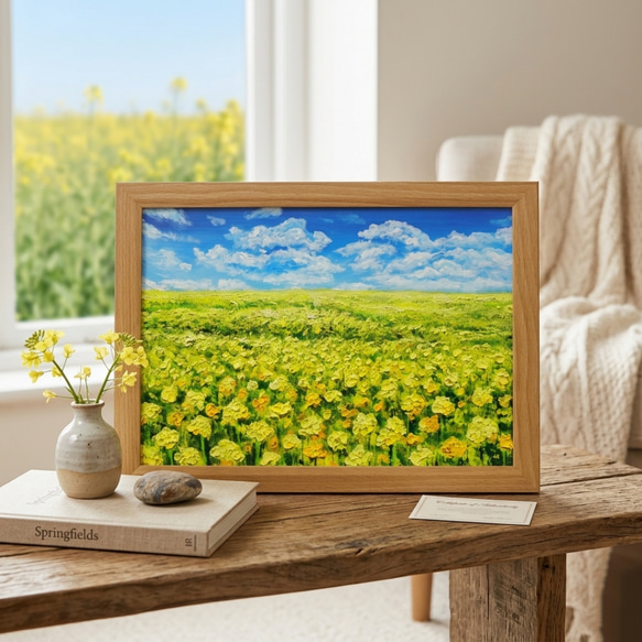 油絵　絵画　額縁　インテリア　黄色の花　建物 原画】幸せの黄色い絨毯 ｜ 菜の花の油絵 インテリア モダンアート