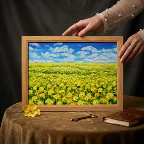 油絵　絵画　額縁　インテリア　黄色の花　建物 原画】幸せの黄色い絨毯 ｜ 菜の花の油絵 インテリア モダンアート