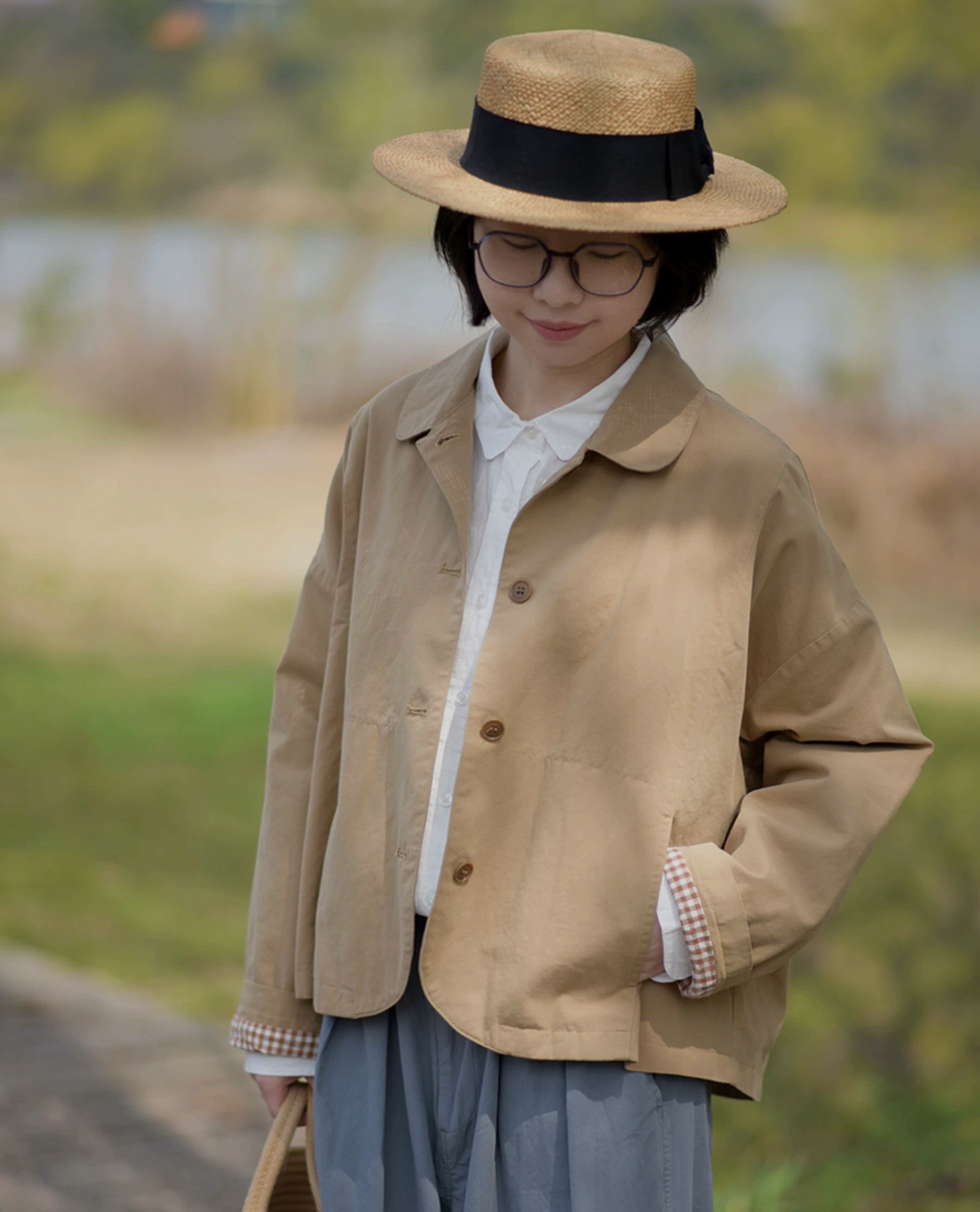 2色 レトロ丸襟 コットンの羽織/ジャケット　ゆったりシルエット 裏地付き【春秋】ベージュ系