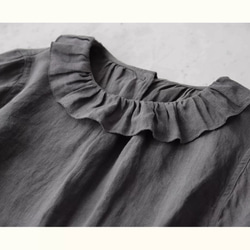 2色 リネン100% フリルカラーとふんわりシルエットのブラウス【春秋】黒・グレー 10枚目の画像