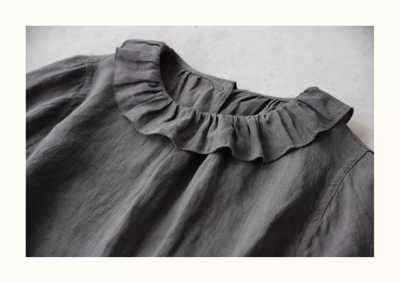 2色 リネン100% フリルカラーとふんわりシルエットのブラウス【春秋】黒・グレー 10枚目の画像