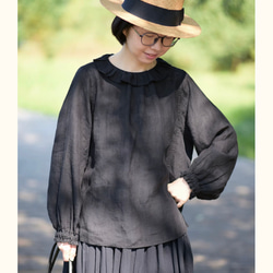 2色 リネン100% フリルカラーとふんわりシルエットのブラウス【春秋】黒・グレー 9枚目の画像