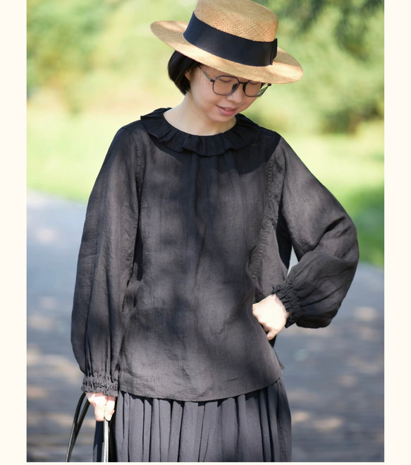2色 リネン100% フリルカラーとふんわりシルエットのブラウス【春秋】黒・グレー 9枚目の画像
