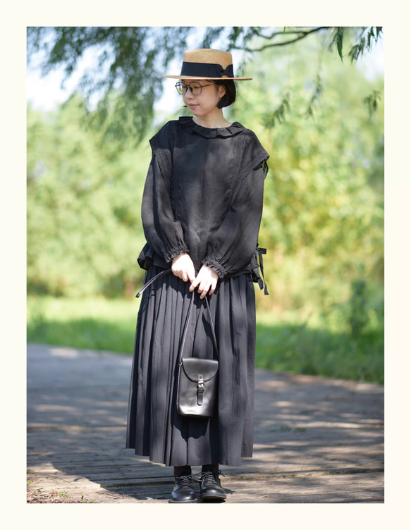 2色 リネン100% フリルカラーとふんわりシルエットのブラウス【春秋】黒・グレー 8枚目の画像