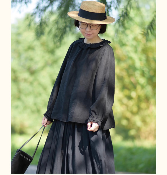 2色 リネン100% フリルカラーとふんわりシルエットのブラウス【春秋】黒・グレー 4枚目の画像