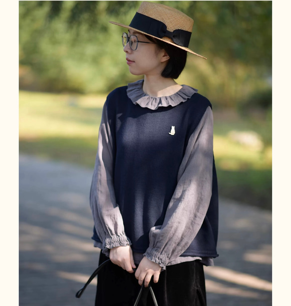 2色 リネン100% フリルカラーとふんわりシルエットのブラウス【春秋】黒・グレー 2枚目の画像