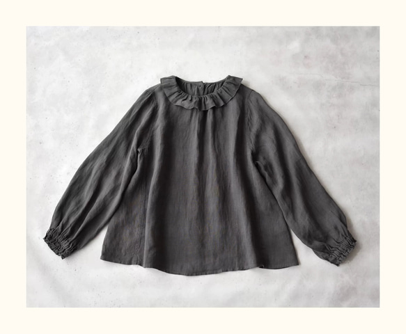 2色 リネン100% フリルカラーとふんわりシルエットのブラウス【春秋】黒・グレー 11枚目の画像
