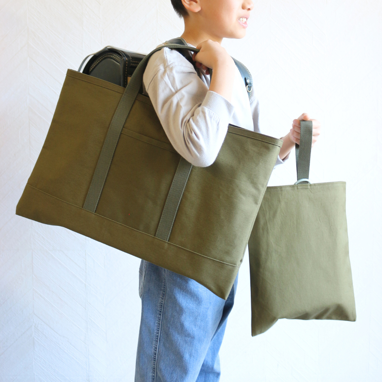 ◆入園入学セット◆ずっと使えるレッスンバッグと上履き入れ・M・カーキ・カバンテープ・帆布・無地・オプションでループ付け