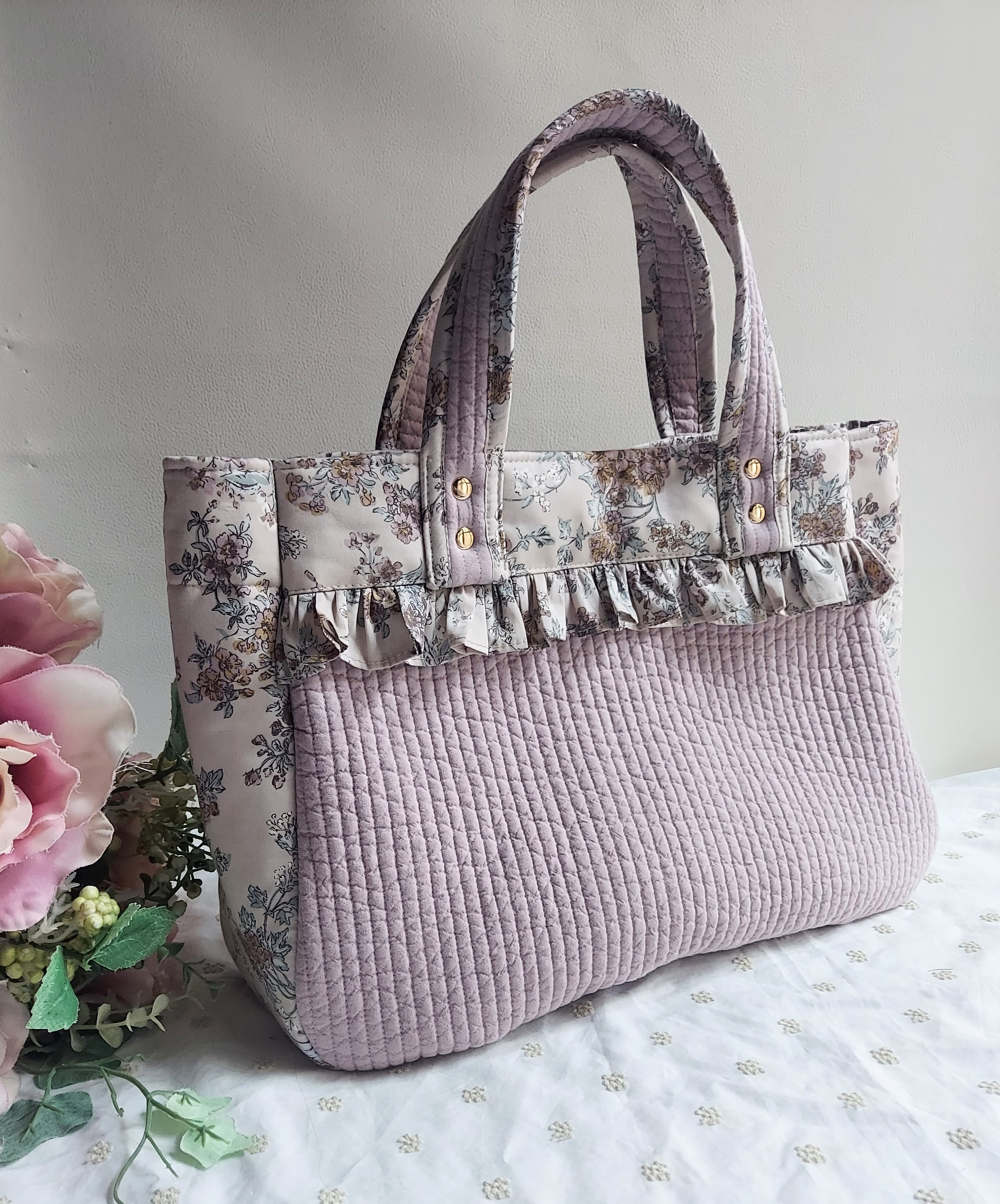 ハンドメイド　リバティ　セリーヌ　スチールピンク　ウォールナッツ　横長ショルダー ☆再販◇フリル付き長方形バージョン◇リバティ《セリーヌ