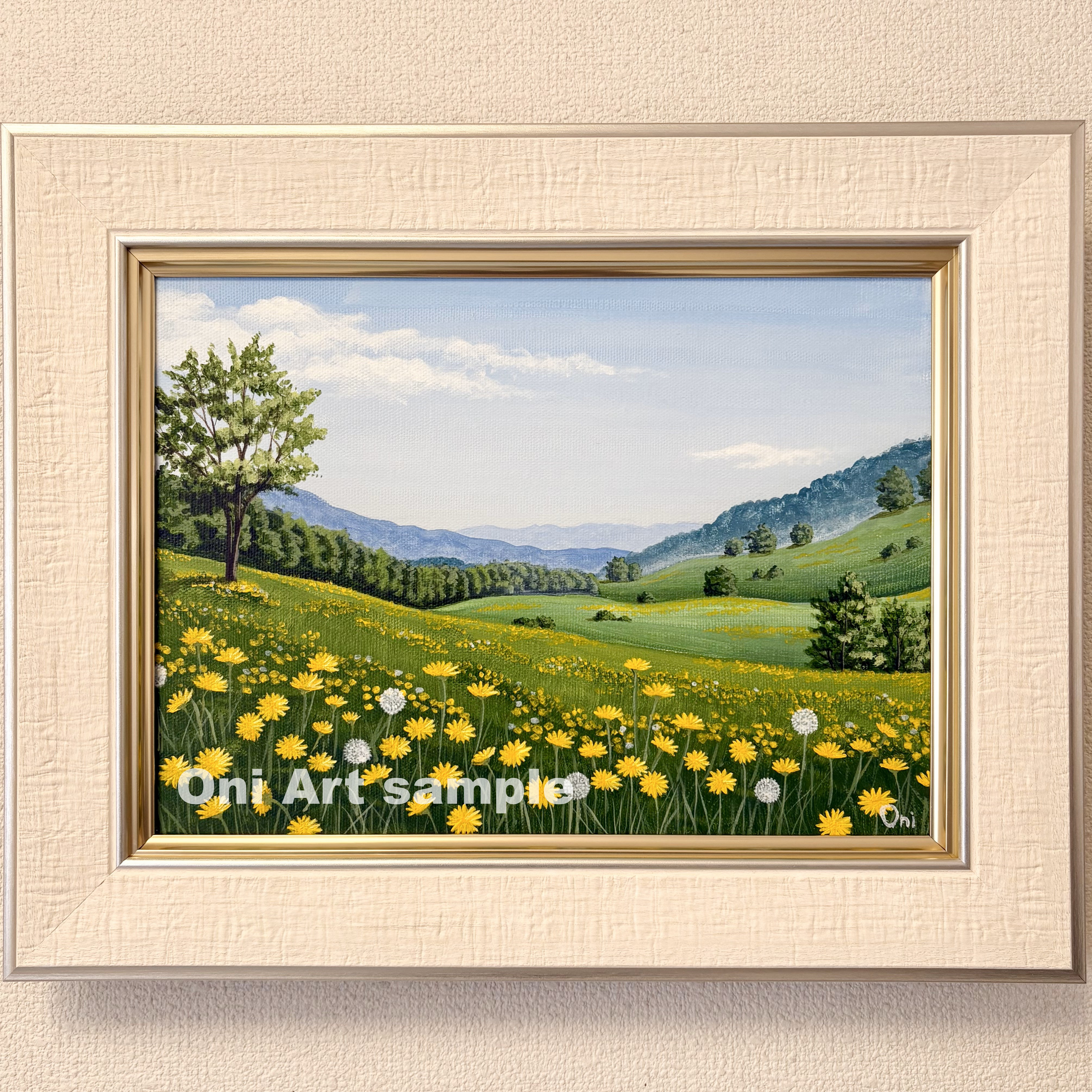 野花の咲く高原01」アクリル画 額縁付 原画 キャンバス F4サイズ 風景