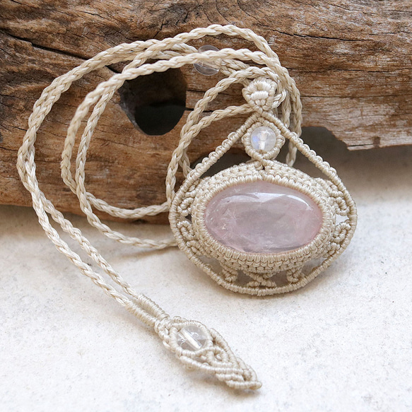 ローズクォーツ天然石マクラメネックレスmac412-エスニックアジアンエキゾチックなアレルギーフリーの大振りアクセサリー 10枚目の画像