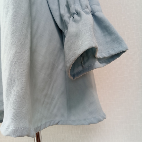 SALE☆ 襟元フリル　フレアブラウス　キャンディスリーブ    ペールブルーのダブルガーゼ　日本製 13枚目の画像