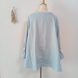 SALE☆ 襟元フリル　フレアブラウス　キャンディスリーブ    ペールブルーのダブルガーゼ　日本製 9枚目の画像