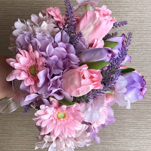 くすみ　パステル　イエロー　ラベンダー　チューリップ　ウェディングブーケ　造花 くすみカラー【ウェディング】チューリップとラベンダーのブーケ