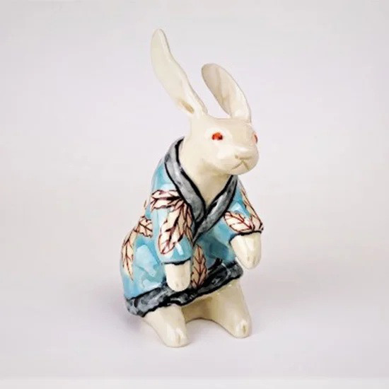 赤絵手 柘榴文様 うさぎ陶人形（浅葱・大）一品限り【陶祥窯・有田焼】