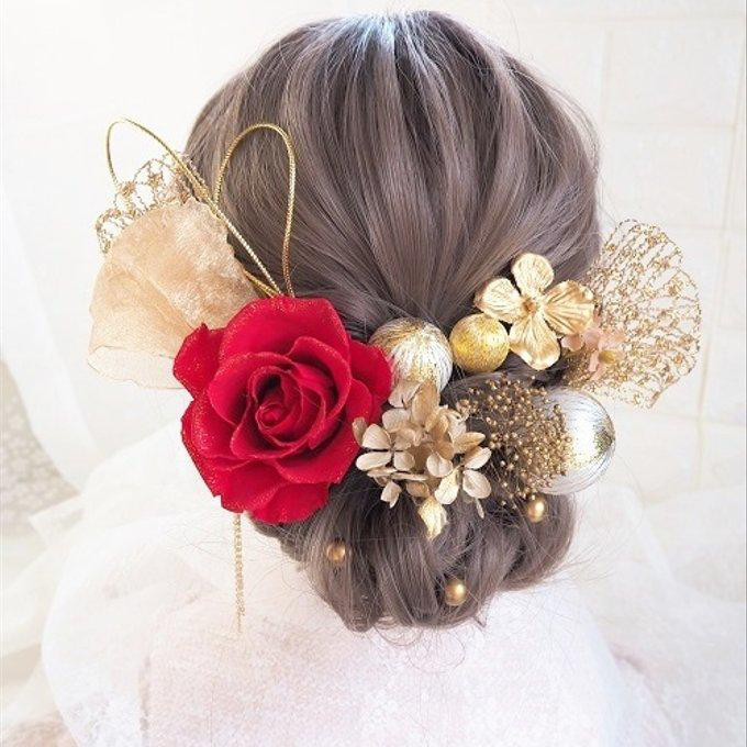 ♡ラメ仕上げ　プリザーブドフラワー開花バラ♡かすみ草のヘッドドレス＊ウエディング＊前撮り＊和婚＊ヘアアクセサリー＊