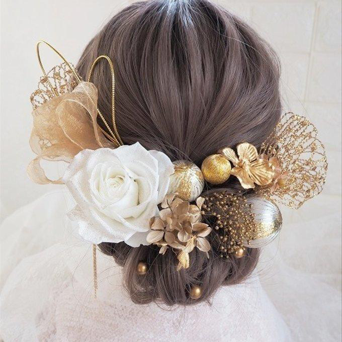 ♡ラメ仕上げ　プリザーブドフラワー開花バラ♡かすみ草のヘッドドレス＊ウエディング＊前撮り＊和婚＊ヘアアクセサリー＊