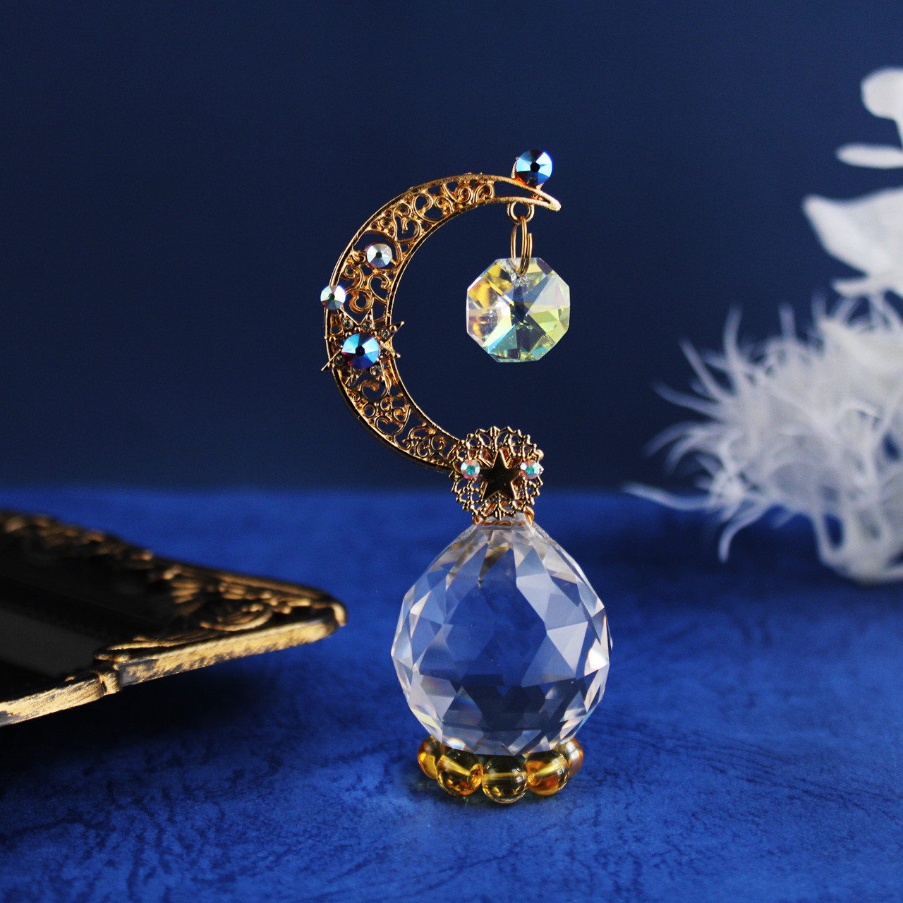 置き型✴︎省スペースに飾れる♪星読みの三日月サンキャッチャー［受注制作］ゴールド×シトリン 天体 星