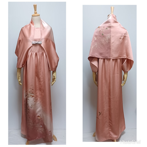 レ*️様 着物　留袖　リメイク　ロングワンピース　マーガレット風ストール　セット 着物リメイク トキ色 松 花柄刺繍 ストールにもなるゆったり
