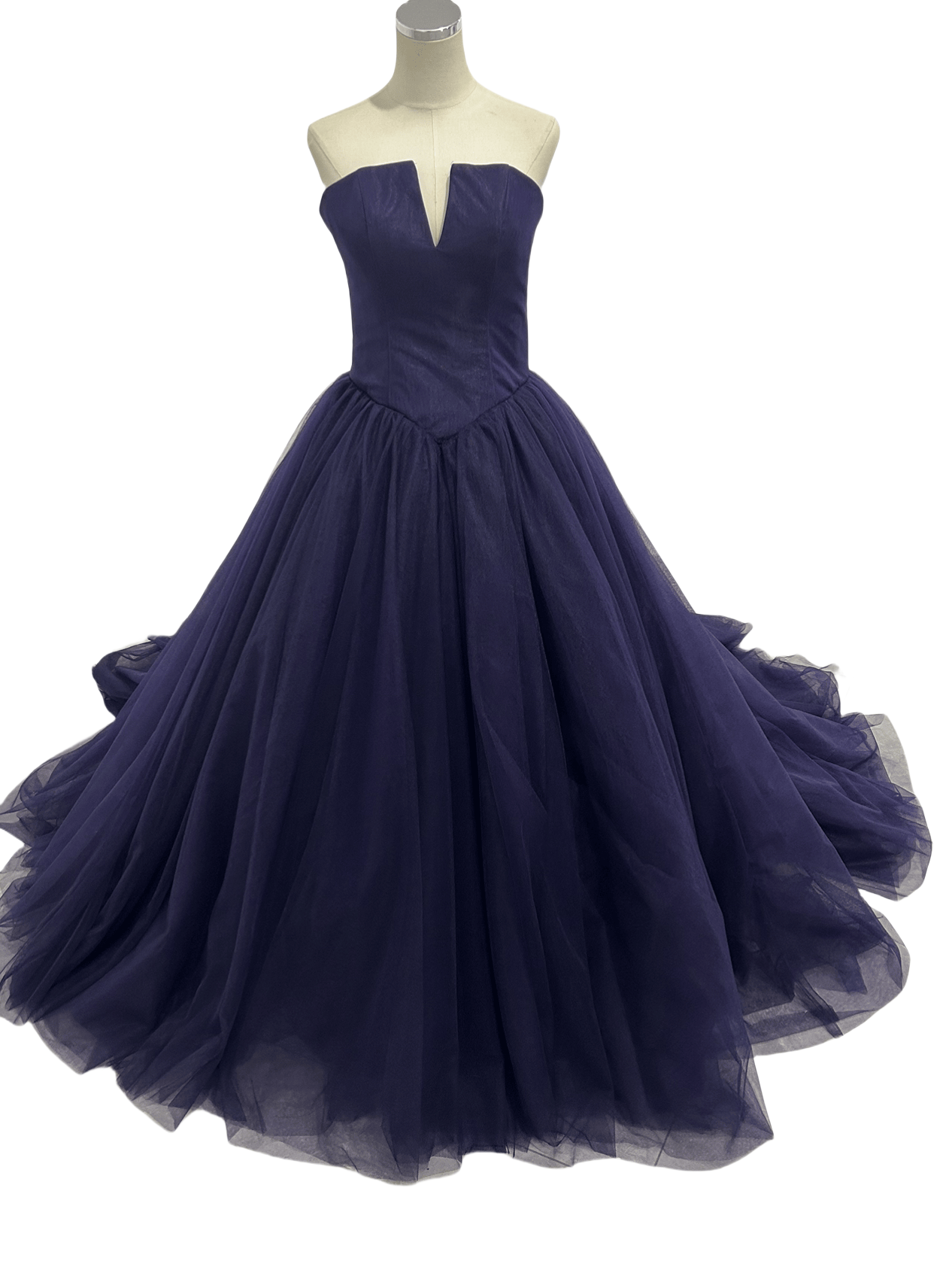 カラードレス ネイビー ベアトップ 柔らかく重ねたチュールスカート シアーな美しさ お呼ばれ/二次会