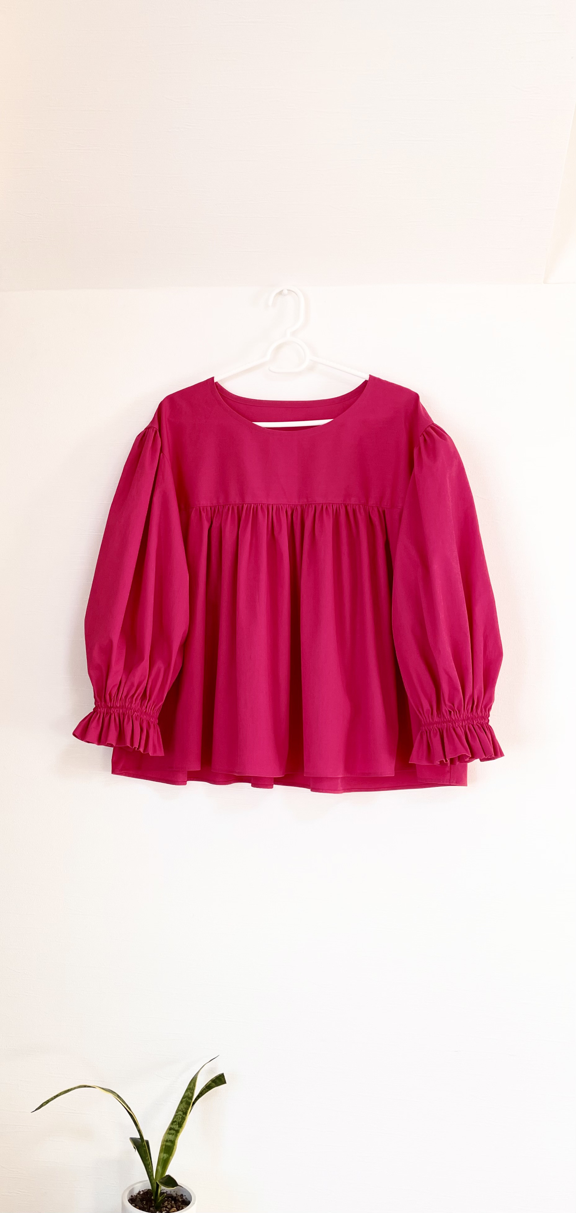 再販ワッシャーコットンたっぷりギャザー大人キュートなブラウスローズピンク