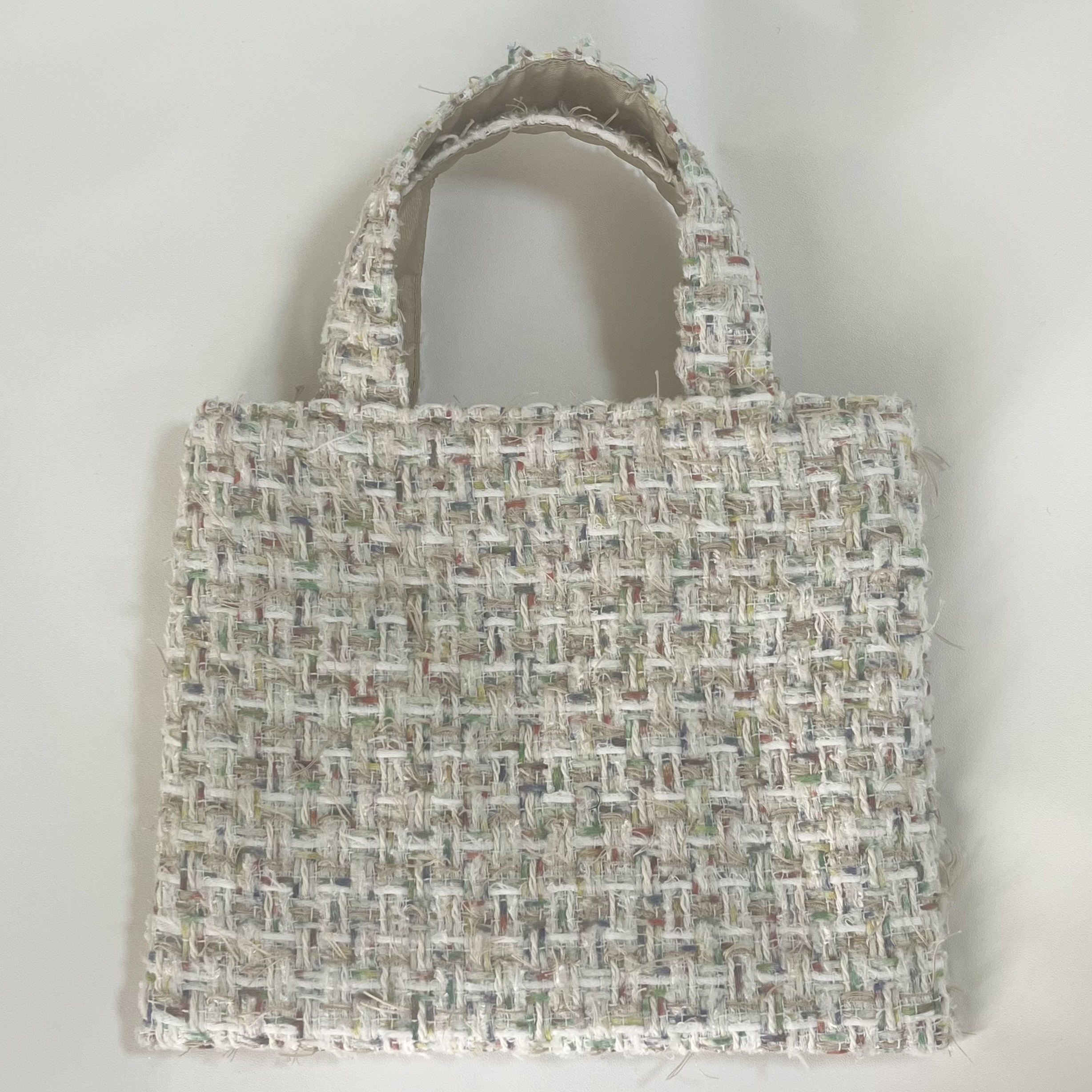 リントンツイード　Sサイズマチなし　ミニトートバッグ　ホワイト×マルチカラー