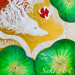 一点もの】【龍画造形作品#6 額付き】吉祥の舞/龍、蓮の葉、着物生地