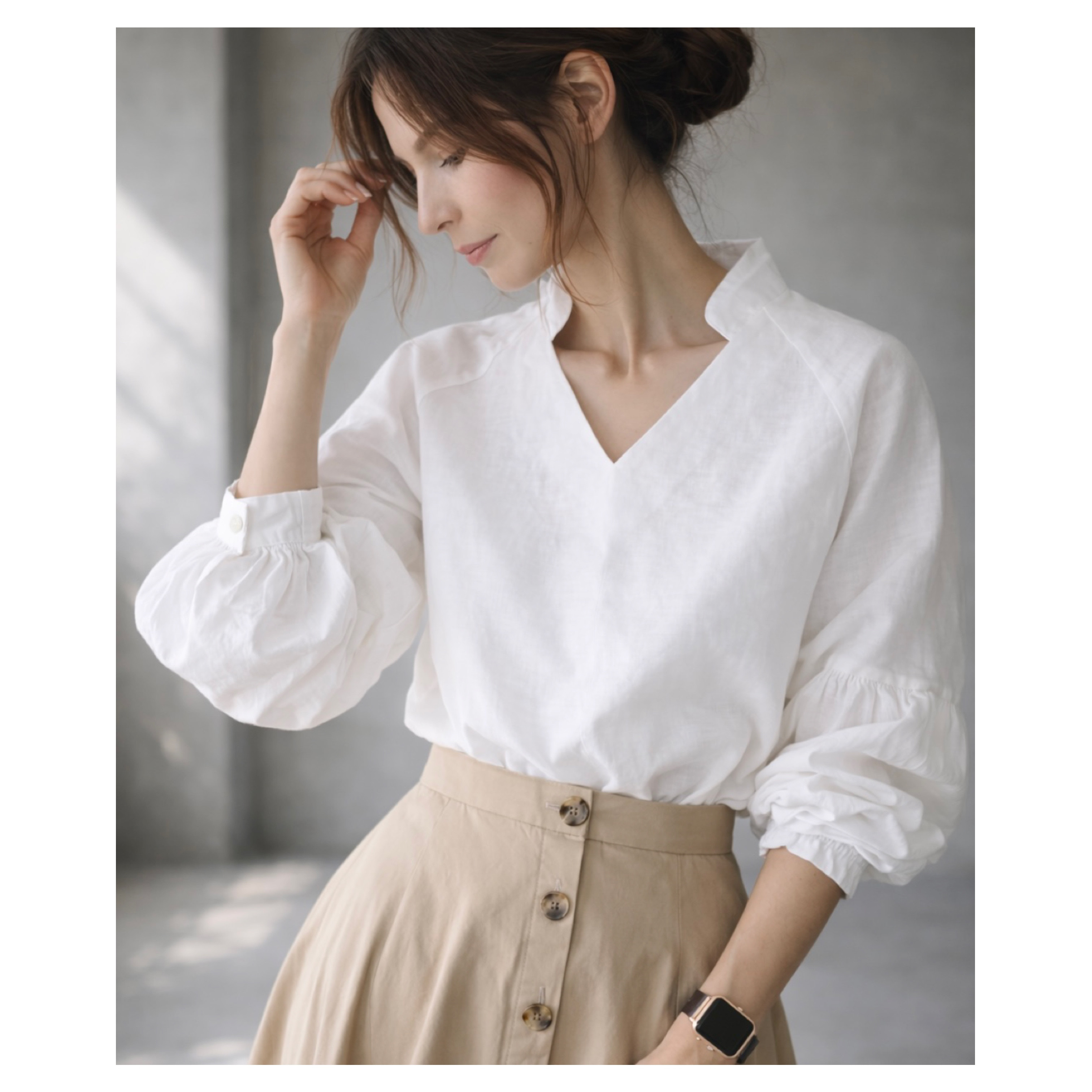 ヨーロッパリネンブラウス／リネンギャザーバルーンスリーブデザインブラウス／ボリューム袖／ホワイト