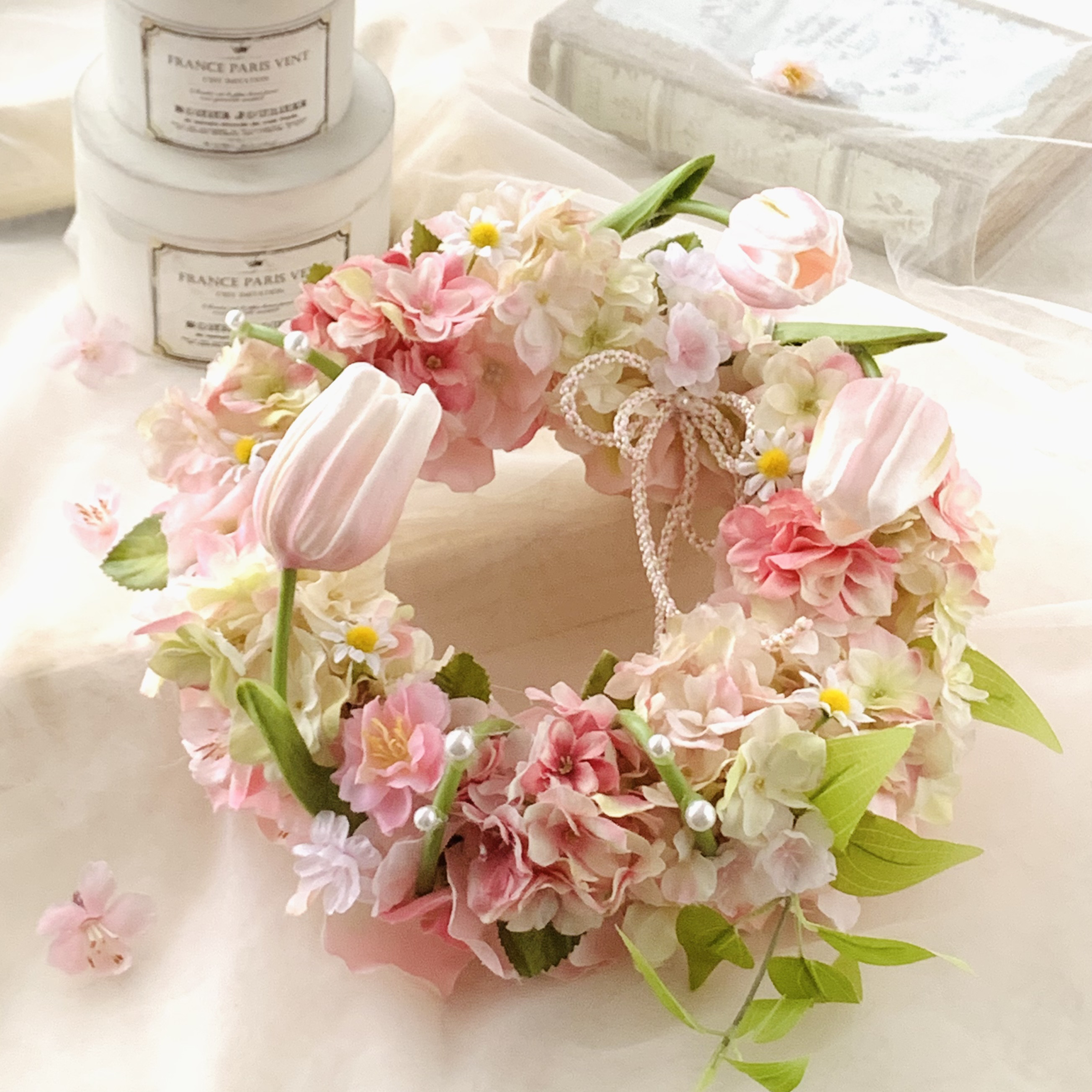 桜リース、春リース、チューリップ、造花、パール、桜、フワフワピンク　桜2026  25㎝