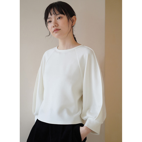 パフスリーブTシャツ　テンセル混紡丸襟Tシャツ　ホワイト　S-XL#692 1枚目の画像