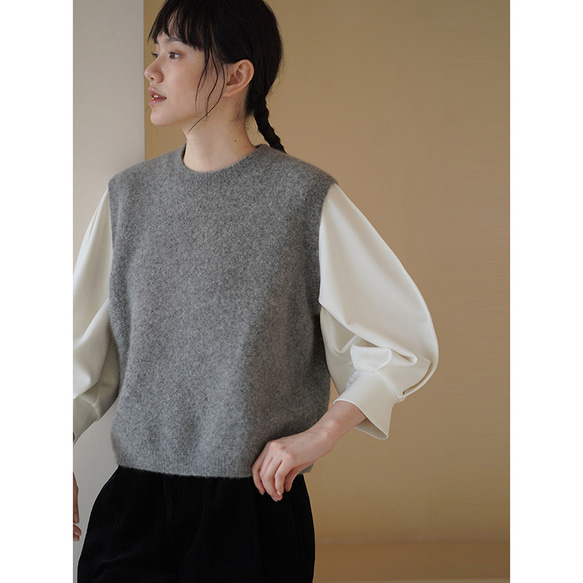 パフスリーブTシャツ　テンセル混紡丸襟Tシャツ　ホワイト　S-XL#692 4枚目の画像