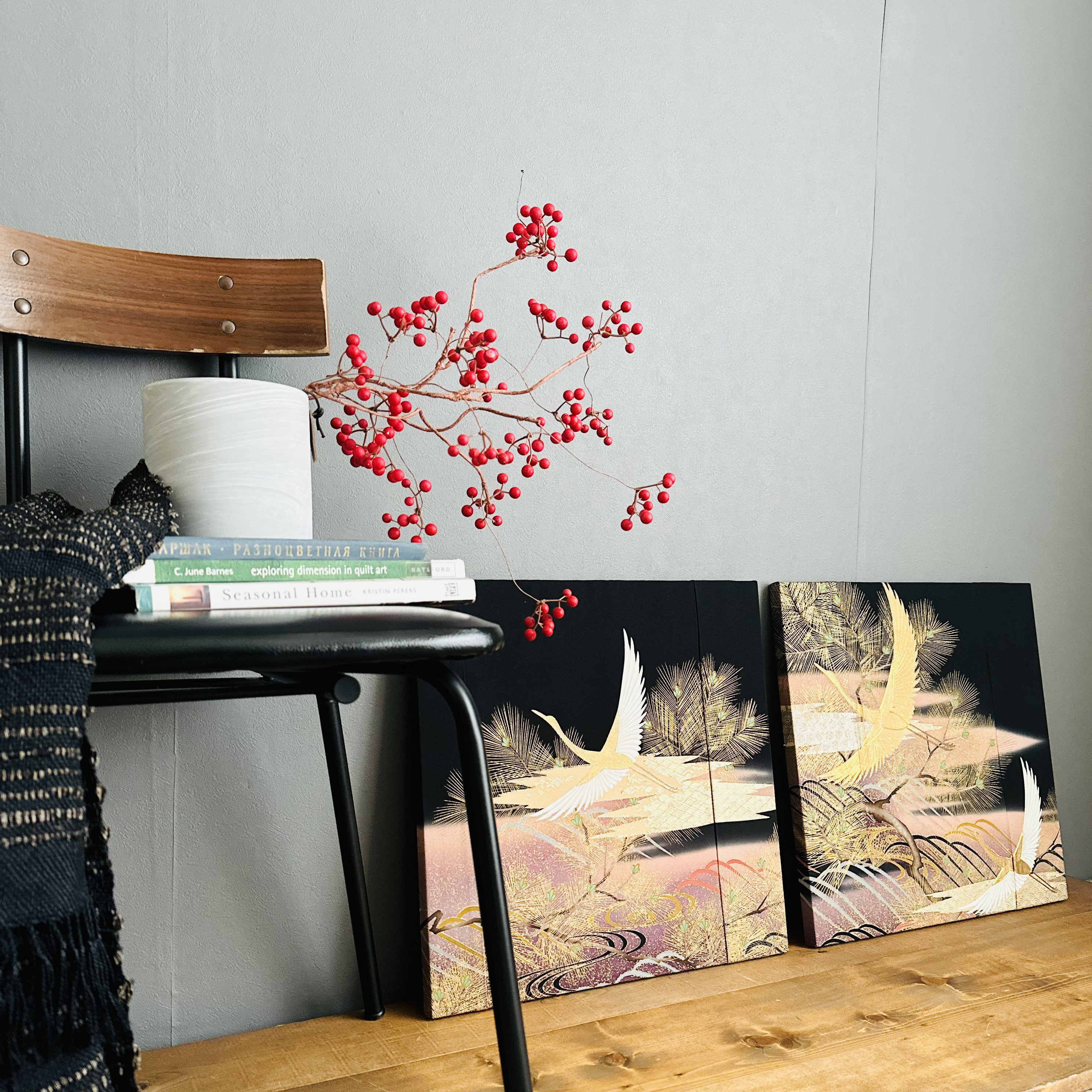 ※ 45×45cm 大きな着物のファブリックパネル　輝く松と鶴（2枚セット) 着物　インテリア　アート　和室　正月　玄関