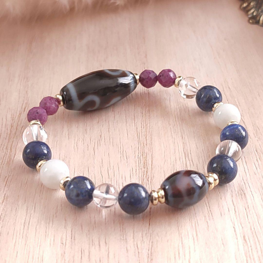 ◇T-12◇如意天珠と水蓮花天珠・ルビー・ラピスラズリ・翡翠・アイリス  