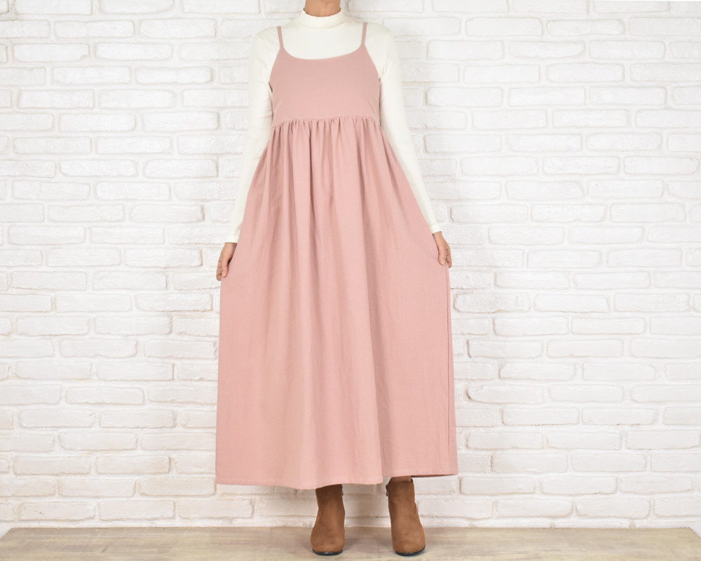 くすみピンク♪コットン素材のキャミソールギャザーワンピース　＜ピンク＞