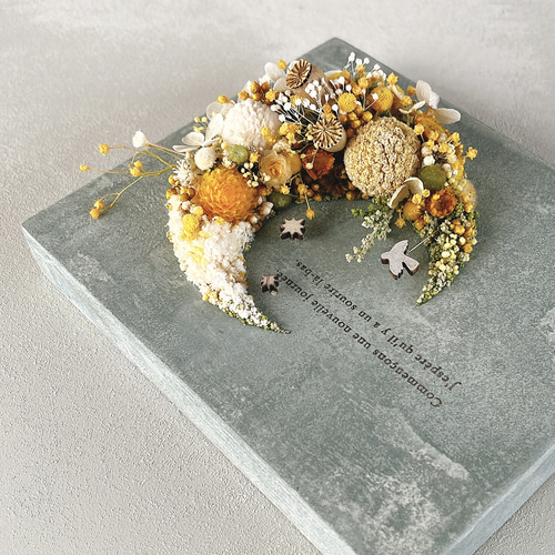 ボタニカルボード 月と小鳥 ドライフラワー アートボード 黄色