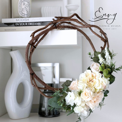 造花のリース つる アートフラワー ドアリース ラナンキュラスとニゲラ