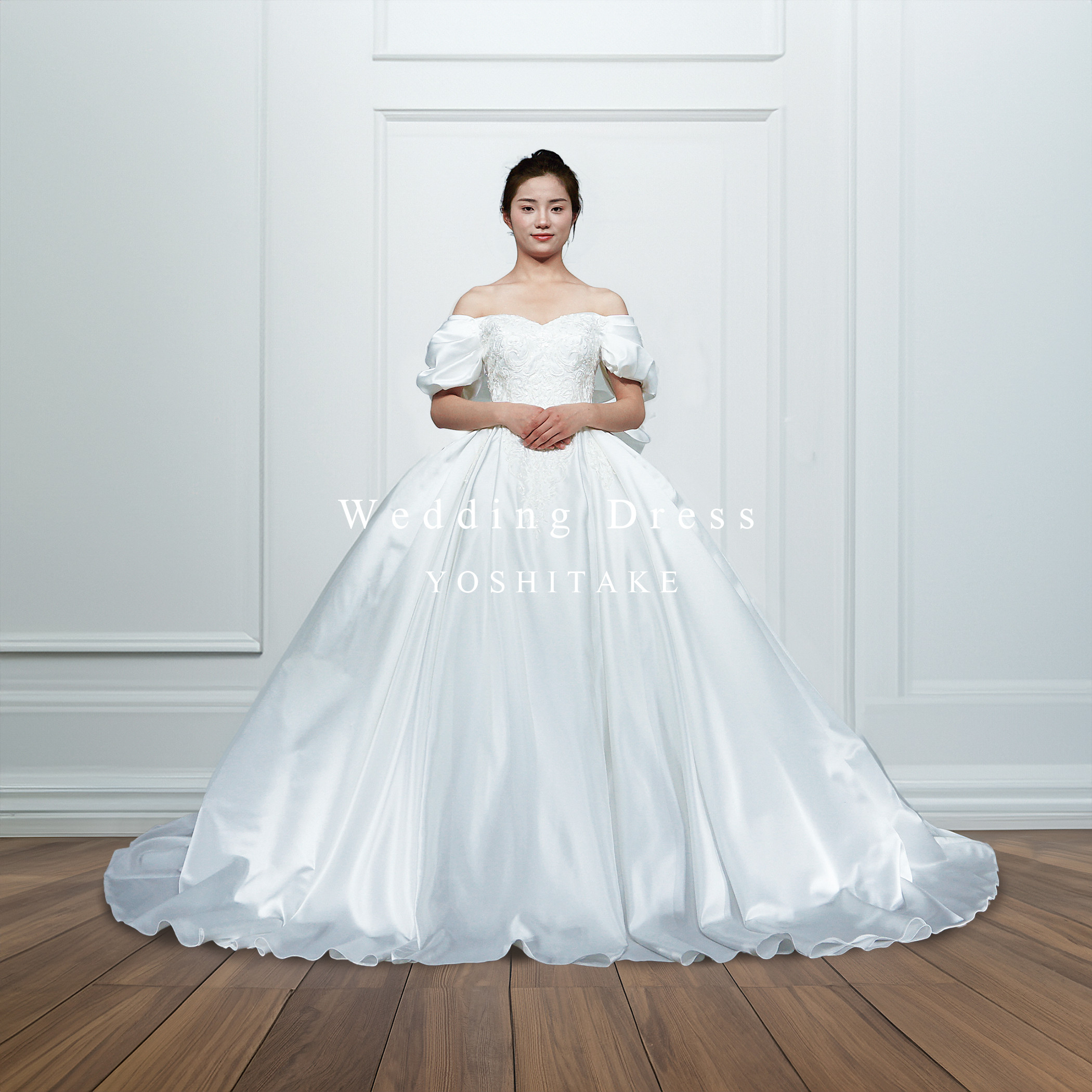 ウエディングドレス.白.Aライン.サテン.刺繍.オフショル.リボン.Y2441