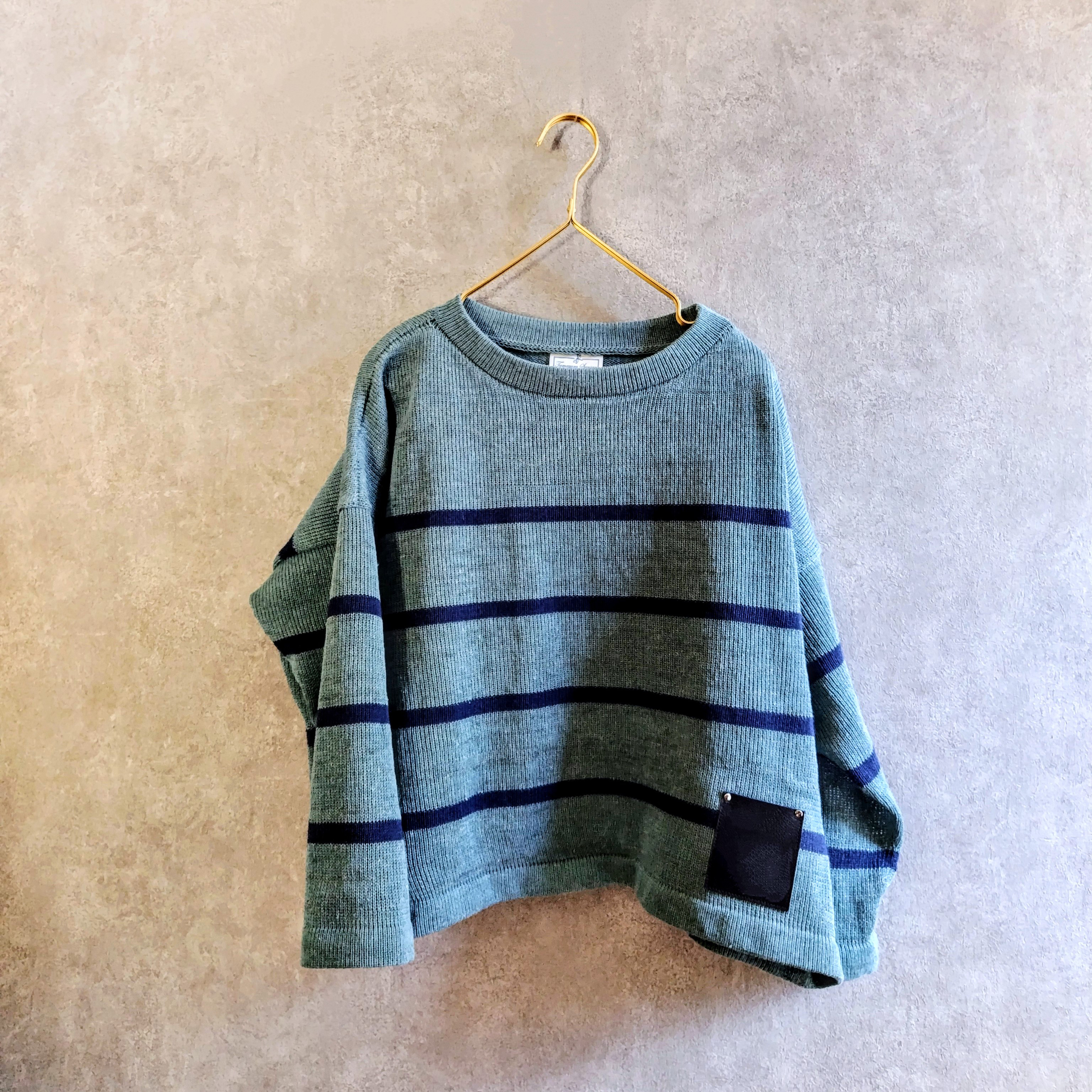 リネンニット  ボーダー   /  セージ × 紺 麻　美シルエット  トップス