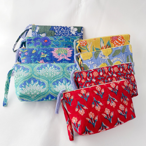 ブロックプリント ポーチ ＊ 20cm インド綿 キルティング まち付き