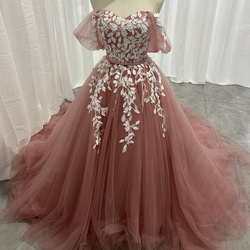 新品在庫処理！激安！ピンク カラードレス オフショルダー 繊細レース  