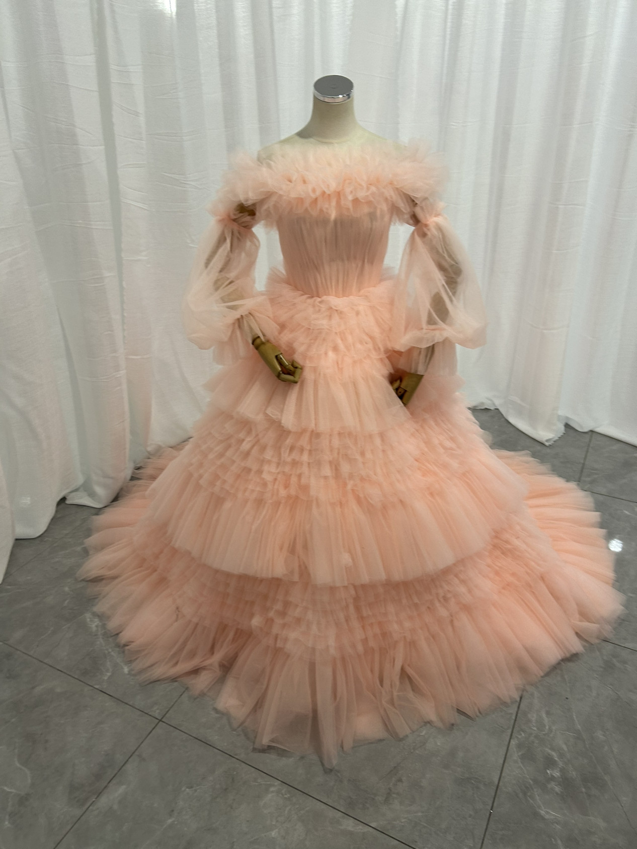 韓国風カラードレス　パフスリーブ　チュールドレス　リボン ふわふわ　ボリュームドレス  +取り外し袖+ 取り外し襟