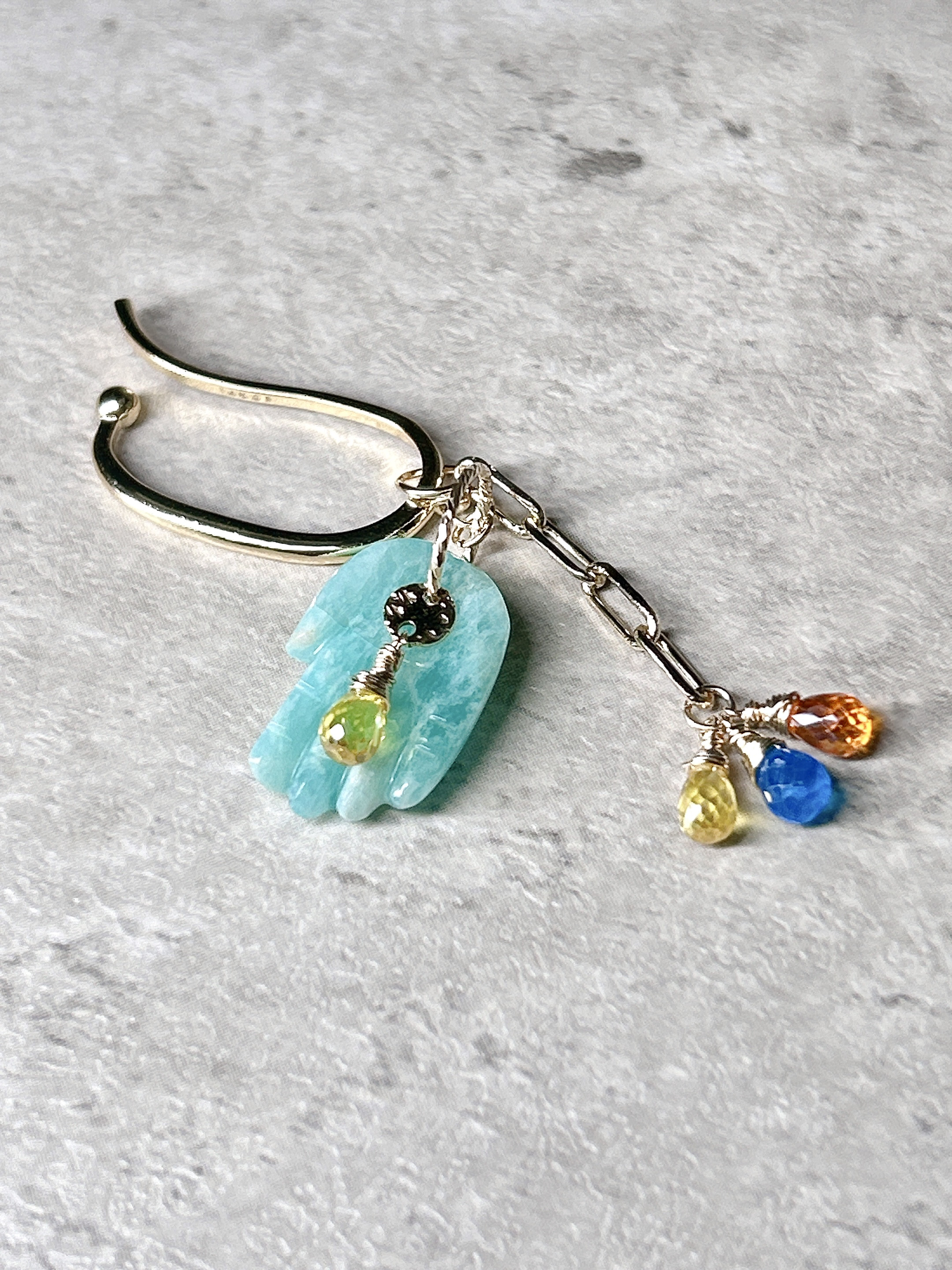 一点物14kgf☆ 激レア！【ファティマの手】アマゾナイトとネオンイエロージルコンのハムサモチーフお守りイヤーカフ