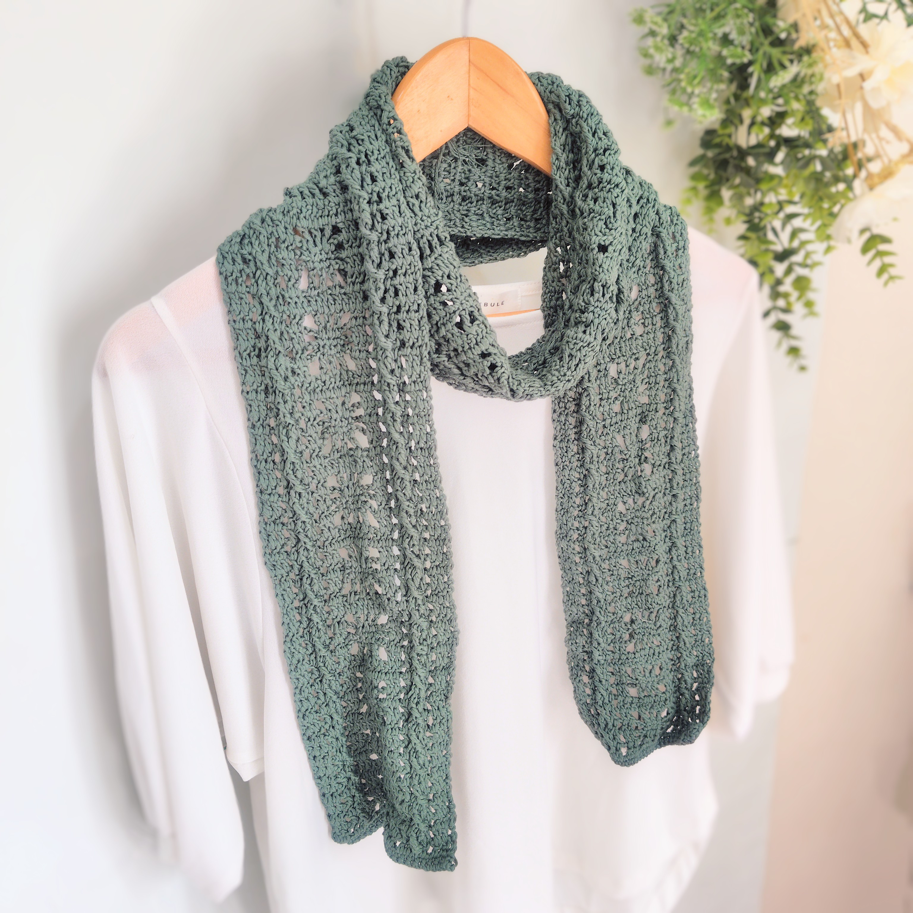 ◆ 春の超早割2026◆花咲くモチーフが繋がるロングストール マフラー コットン│EMIM Bloom│グリーン 緑