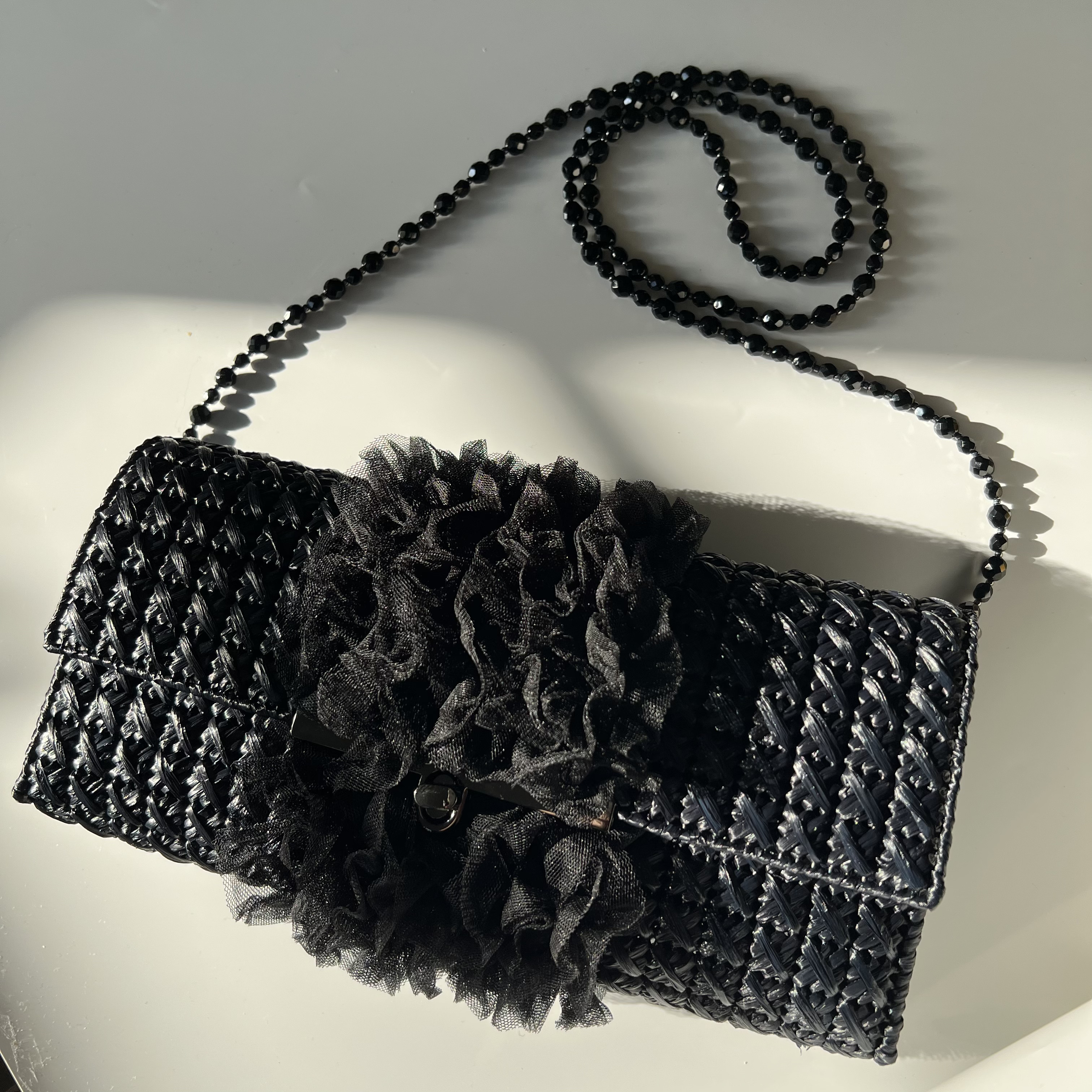 エレガントなたっぷりチュールレースバッグ　フォーマルブラック黒