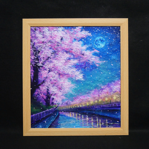 油絵【青い満月の夜桜】原画 油彩画 絵画 風景画 夜景 桜アート 春