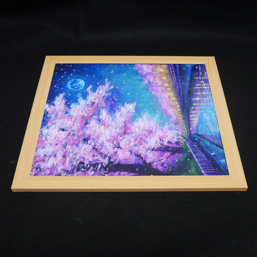 油絵【青い満月の夜桜】原画 油彩画 絵画 風景画 夜景 桜アート 春