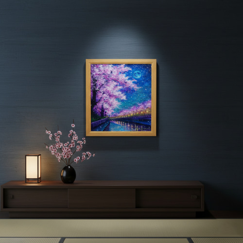 油絵【青い満月の夜桜】原画 油彩画 絵画 風景画 夜景 桜アート 春