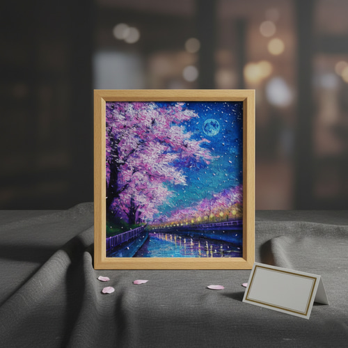 油絵【青い満月の夜桜】原画 油彩画 絵画 風景画 夜景 桜アート 春