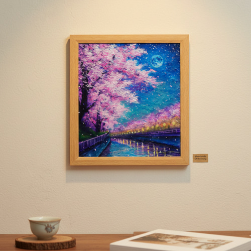 油絵【青い満月の夜桜】原画 油彩画 絵画 風景画 夜景 桜アート 春