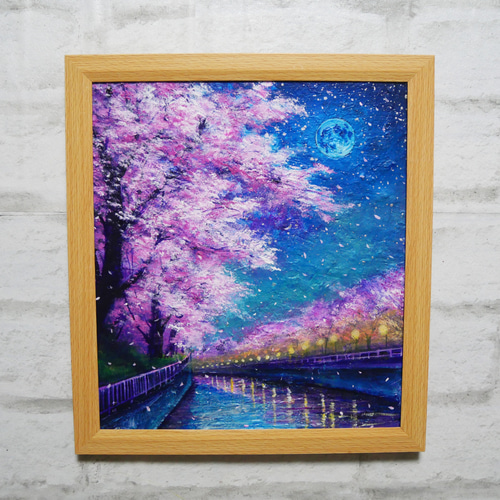 油絵　満月　桜 油絵【青い満月の夜桜】原画 油彩画 絵画 風景画 夜景 桜アート 春